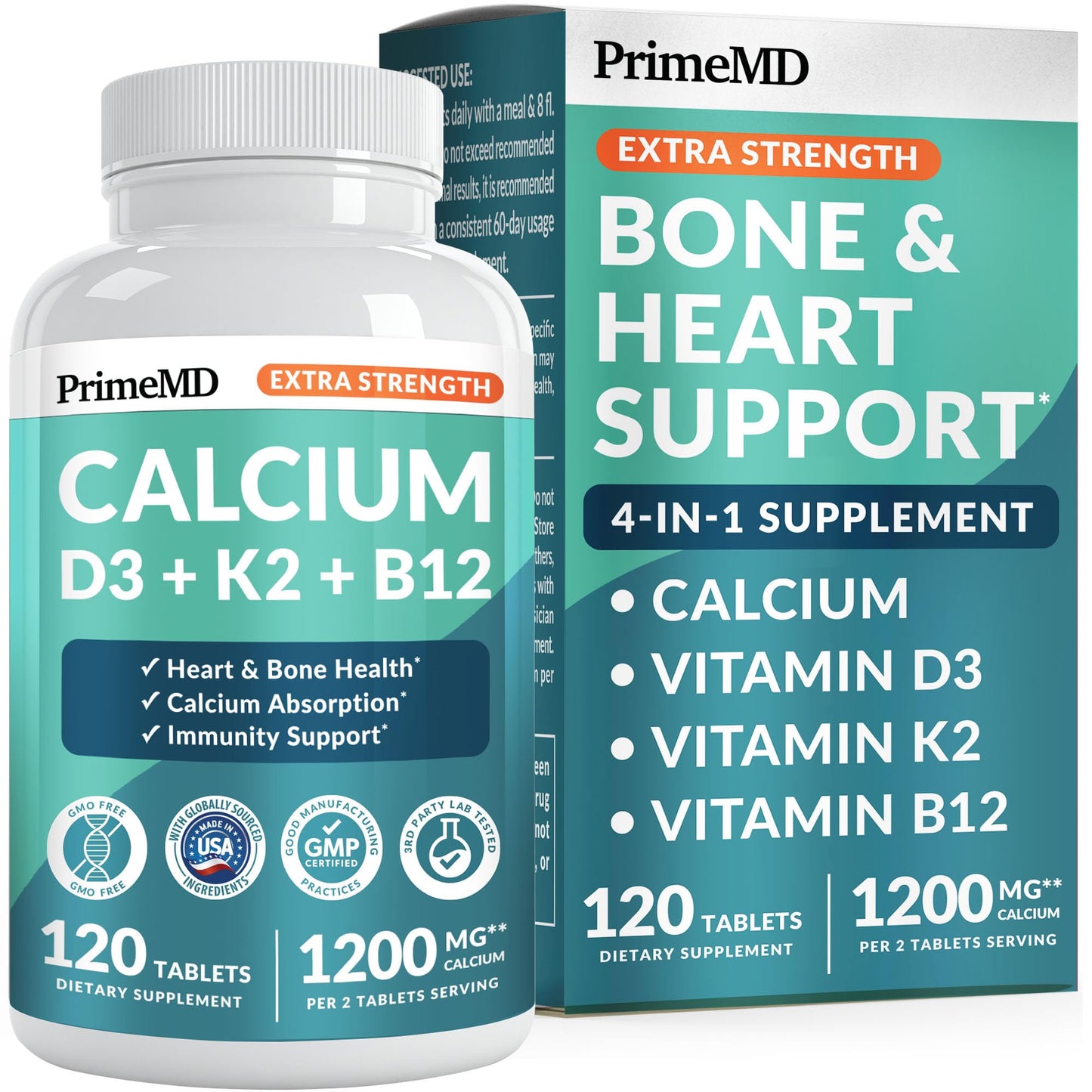 4-in-1 Calcium 1200 mg with Vitamin D3 K2 - Extra Strength Calcium Supplements for Women & Men with D3 K2 Vitamin 5000 IU - Everyday Vitality Supplement PrimeMD