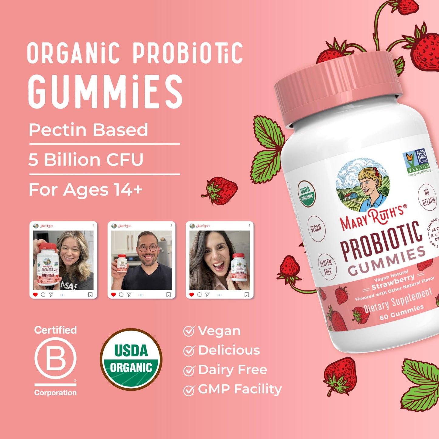 MARYRUTH'S USDA Organic Probiotic Gummies Probiotic Digestive Support | Immune Support | Digestive & Gut Health Supplement | 5 Billion CFU MARYRUTH'S
