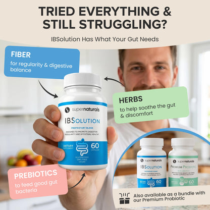 SuperNaturals IBSolution - Made in USA, Non-GMO, Gluten Free & Vegan (60 Capsules) - Digestive Gut Health Supplement With Psyllium Husk - Gas, Bloating, Diarrhea JLM NUTRITIONALS