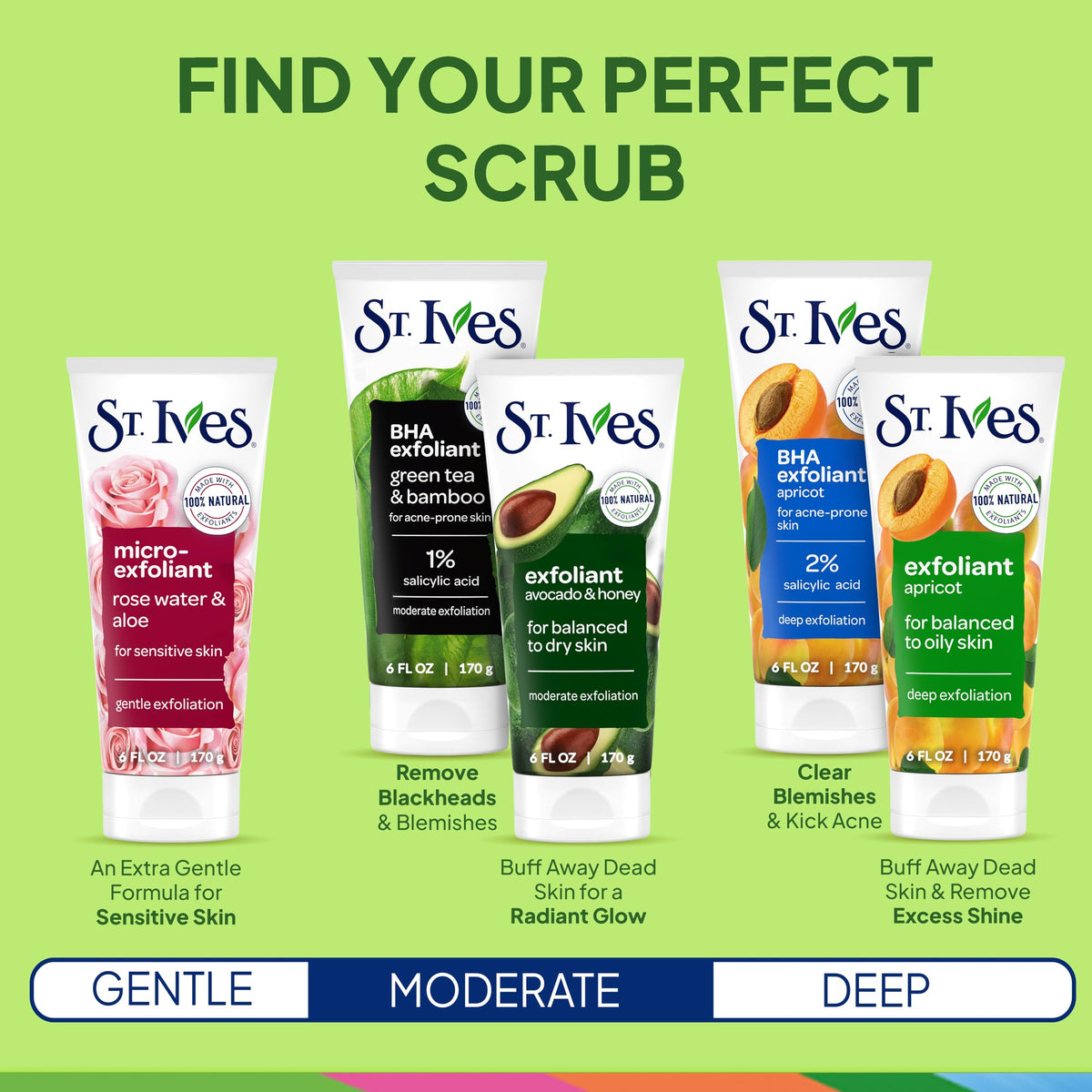 St. Ives Blackhead Clearing Face Scrub, Clears Blackheads & Unclogs Pores, Green Tea & Bamboo, Salicylic Acid Acne Treatment Facial Scrub, Moderate Exfoliator Skin Care with Natural Exfoliants 6 oz St. Ives