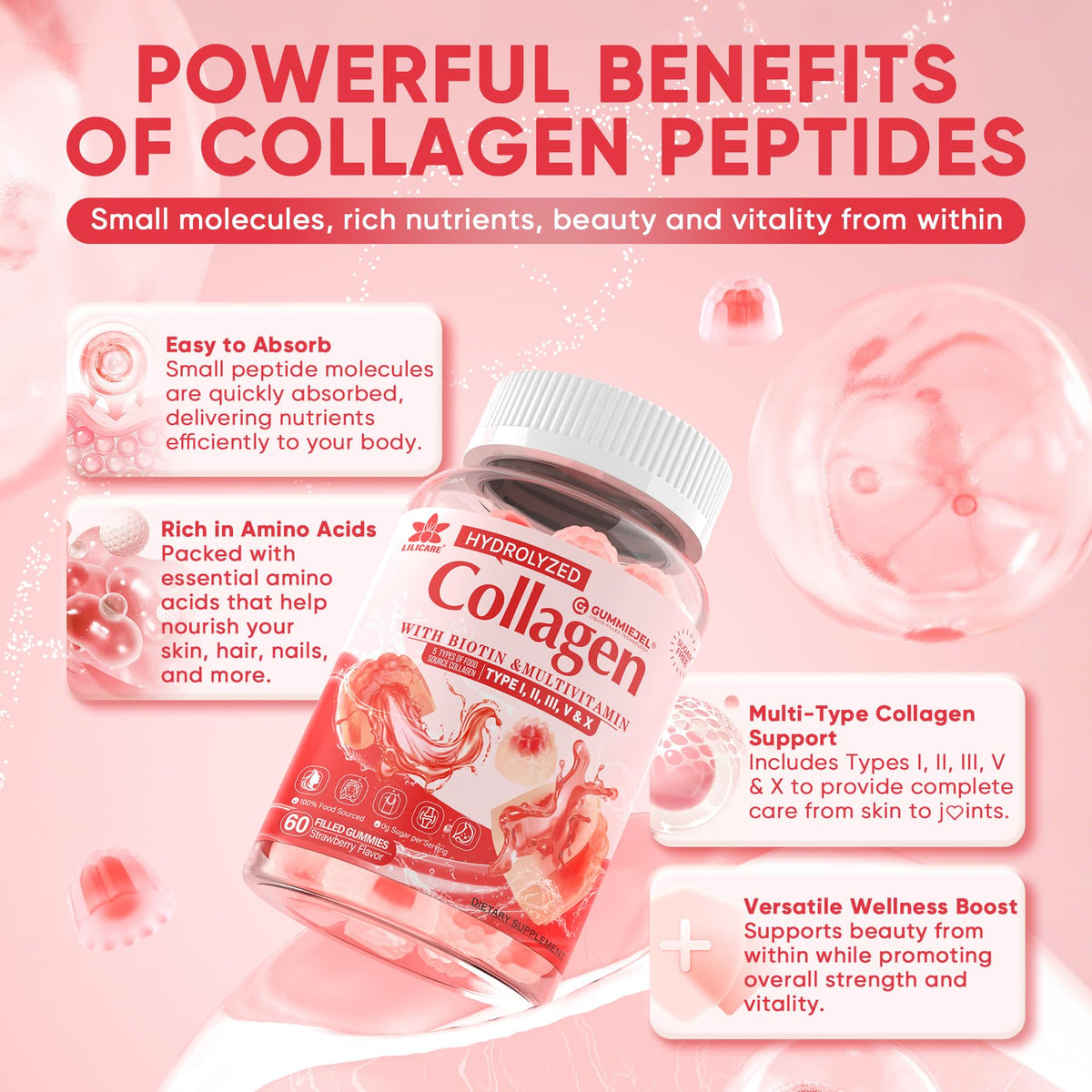 Collagen Peptide Gummies for Women & Men Sugar-Free, Multi Collagen Hydrolyzed w/ 1500mg Protein Type I,II,III,V,X, 5000mcg Biotin, Methylated B12, Vitamin C A E D3 B6 LILICARE