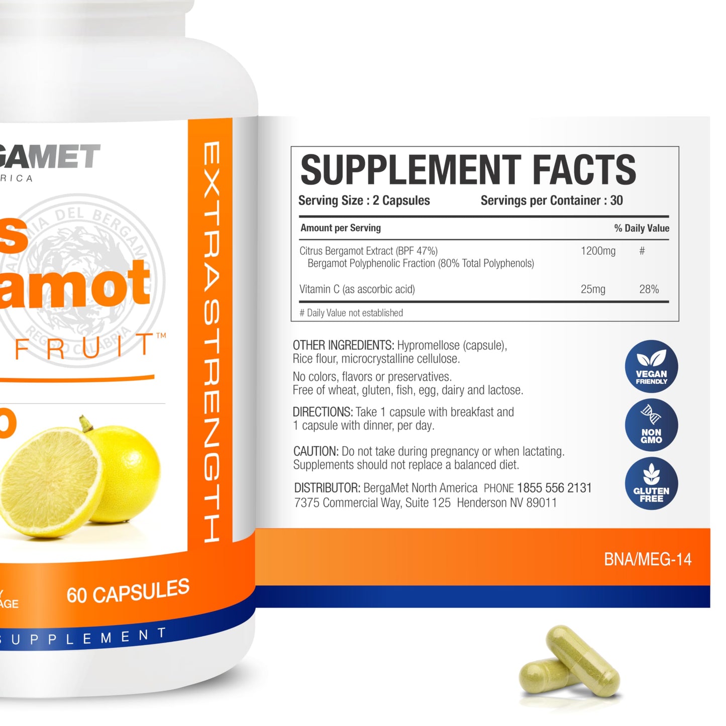 BergaMet Citrus Bergamot Supplement, 170:1 Extract, 1200mg per Serving, 80% Polyphenols, Italian Citrus Bergamot Supplement, BergaMet