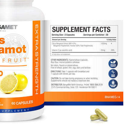 BergaMet Citrus Bergamot Supplement, 170:1 Extract, 1200mg per Serving, 80% Polyphenols, Italian Citrus Bergamot Supplement, BergaMet