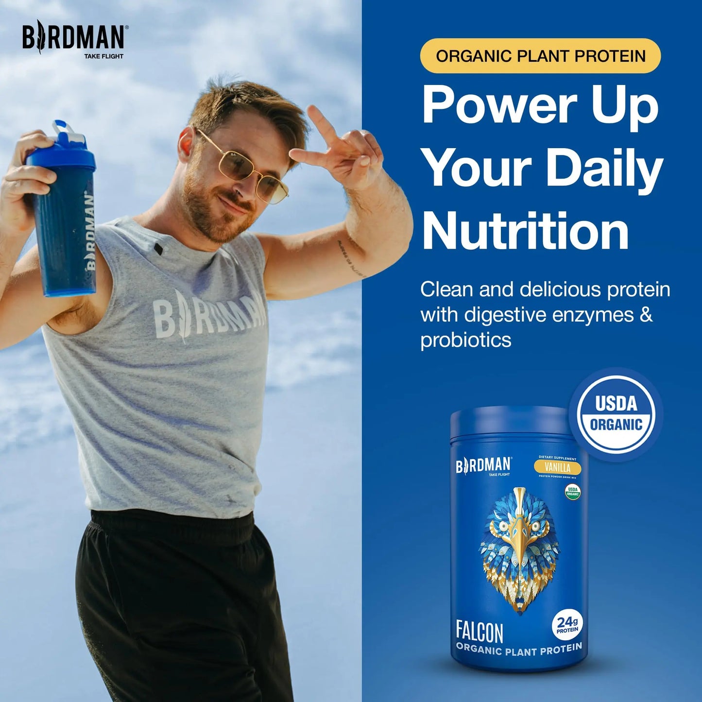 BIRDMAN Falcon Organic Vegan Protein Powder Vanilla, 24g Protein, Sugar Free, Probiotics, Low Carb, Keto Friendly, Dairy Free, Lactose Free, Non Whey BIRDMAN