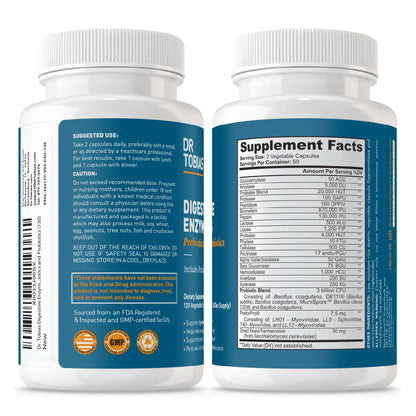 Dr. Tobias Digestive Enzymes with Probiotics, Prebiotics and Postbiotics Bromelain, Amylase, Lipase, for Better Digestion & Immune Function, 60 Capsules, 30 Servings (2 Daily)