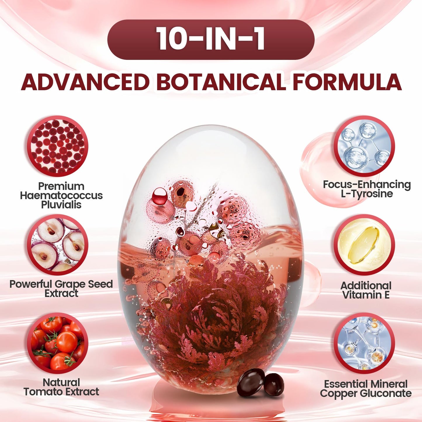 10 in 1 Astaxanthin Supplements 24mg, 4 Month Supply, Astaxantina Antioxidant from Fresh Haematococcus Pluvialis, Contains Lycopene, Grape Seed, Vitamin E VivoNu