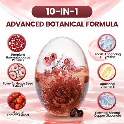 10 in 1 Astaxanthin Supplements 24mg, 4 Month Supply, Astaxantina Antioxidant from Fresh Haematococcus Pluvialis, Contains Lycopene, Grape Seed, Vitamin E VivoNu
