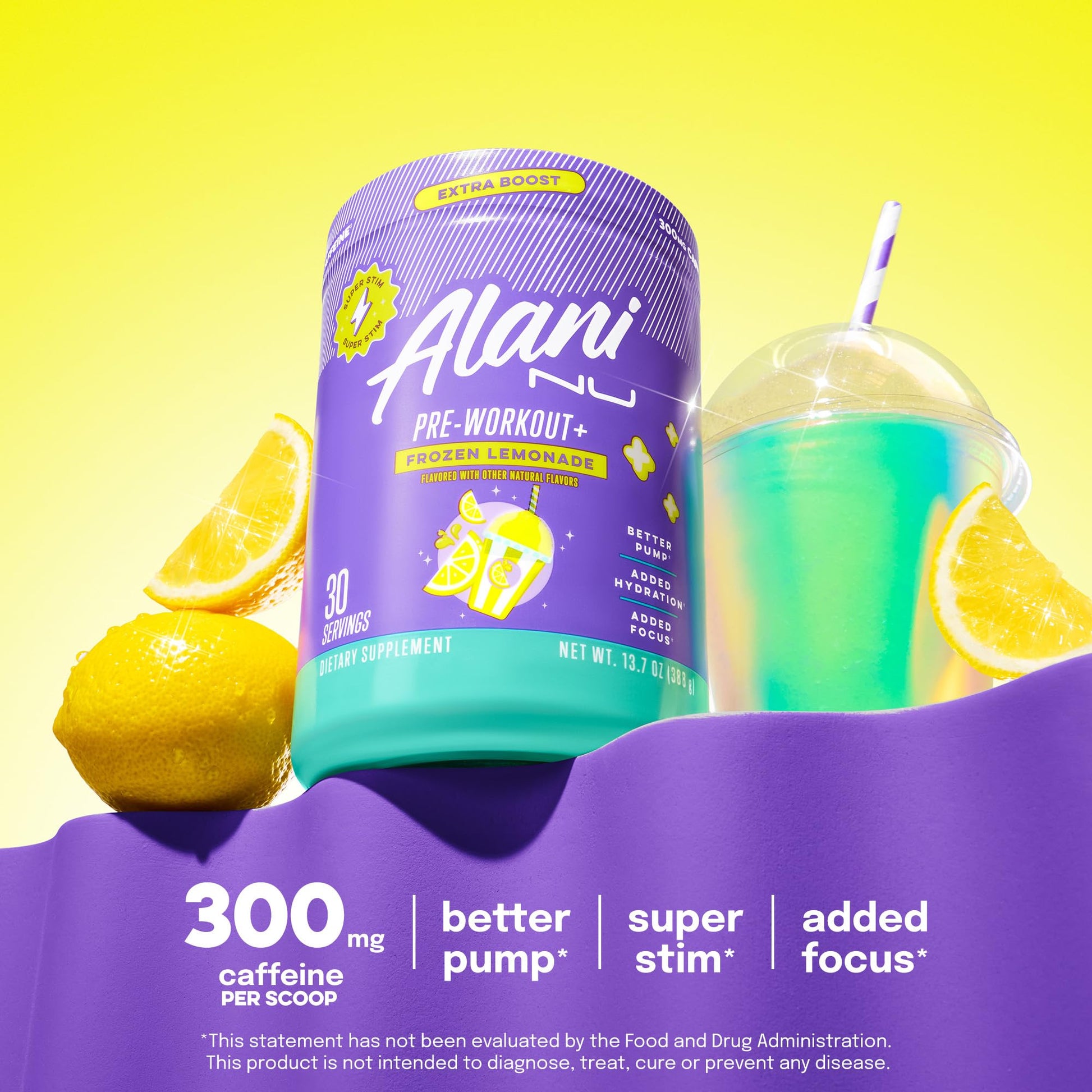 Alani Nu Pre Workout+ Powder Frozen Lemonade, Extra Boost, Sugar Free, 300mg Caffeine, L-Theanine, Beta-Alanine, Citrulline, 30 Servings Alani Nu buy australia supplements