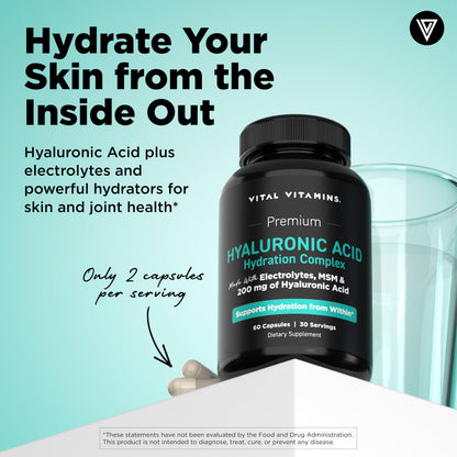 Vital Vitamins Hyaluronic Acid Supplements, 60 Capsules | 200mg Low Molecular Weight HA, Supports Skin Hydration, Elasticity & Joint Comfort, Vegan & Non-GMO Gsupps Australia