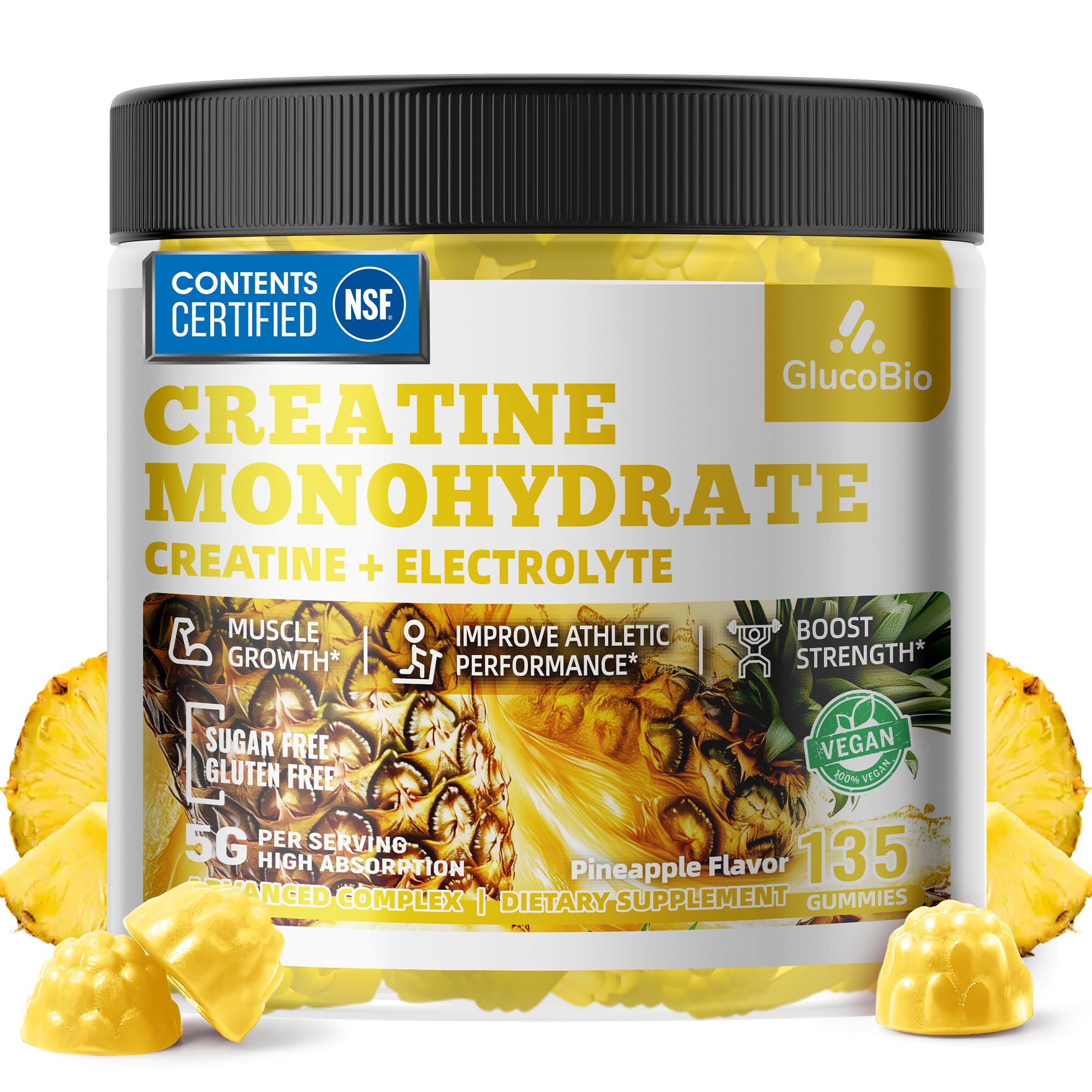 GlucoBio Creatine Monohydrate Gummies (5g) – Pre-Workout Energy & Muscle Growth Support for Men & Women | Pineapple Electrolyte Gummies (135 Count) GlucoBio buy australia supplements