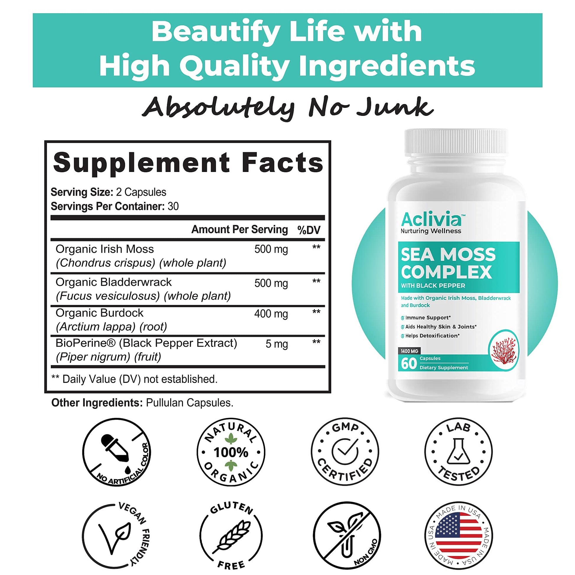 Aclivia - Organic Irish Sea Moss Capsules with Bladderwrack & Burdock Root - 102 Minerals Sea Moss Supplement - Thyroid Support, Immune Boost - Non-GMO (60 Count) Aclivia buy australia supplements