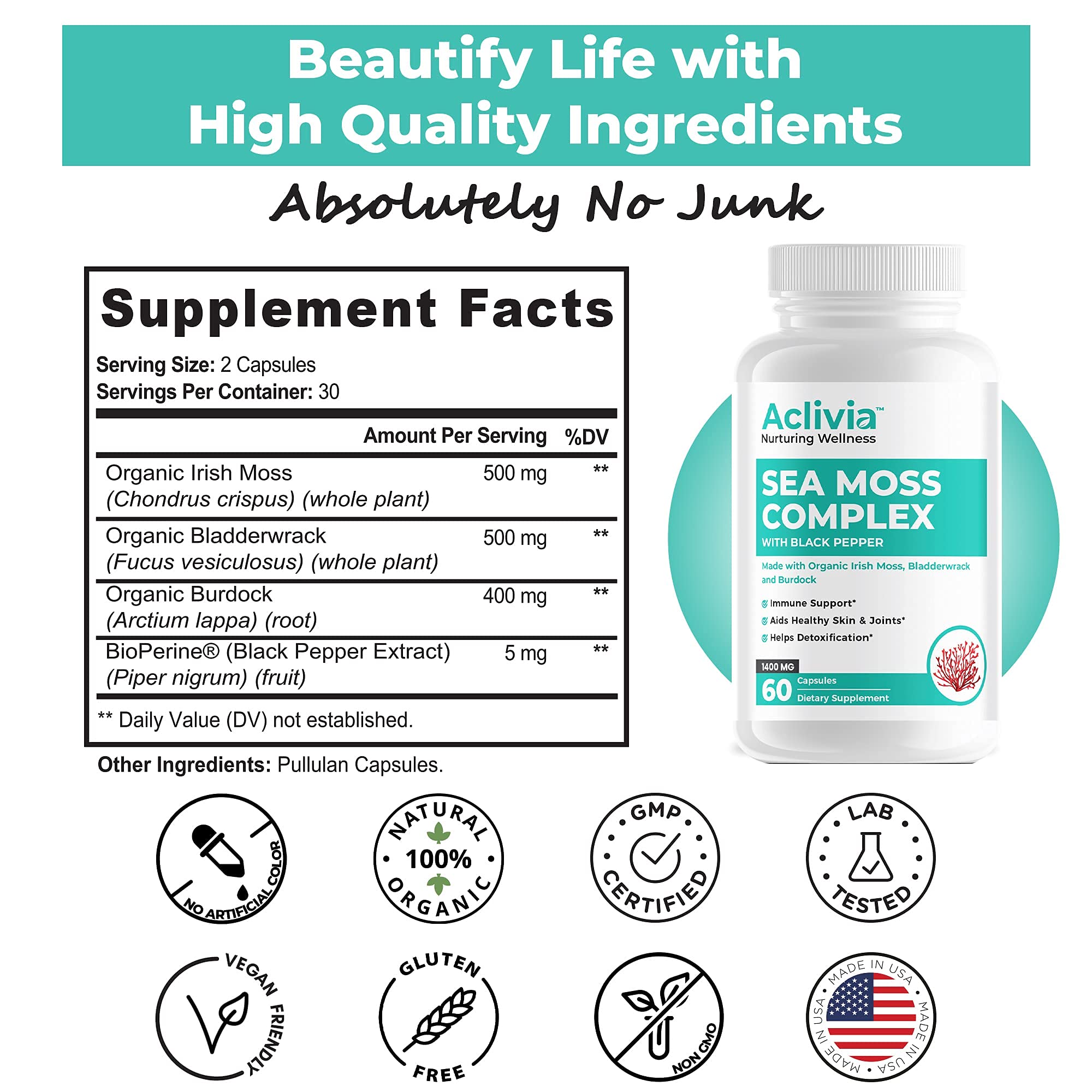 Aclivia - Organic Irish Sea Moss Capsules with Bladderwrack & Burdock Root - 102 Minerals Sea Moss Supplement - Thyroid Support, Immune Boost - Non-GMO (60 Count) Aclivia buy australia supplements