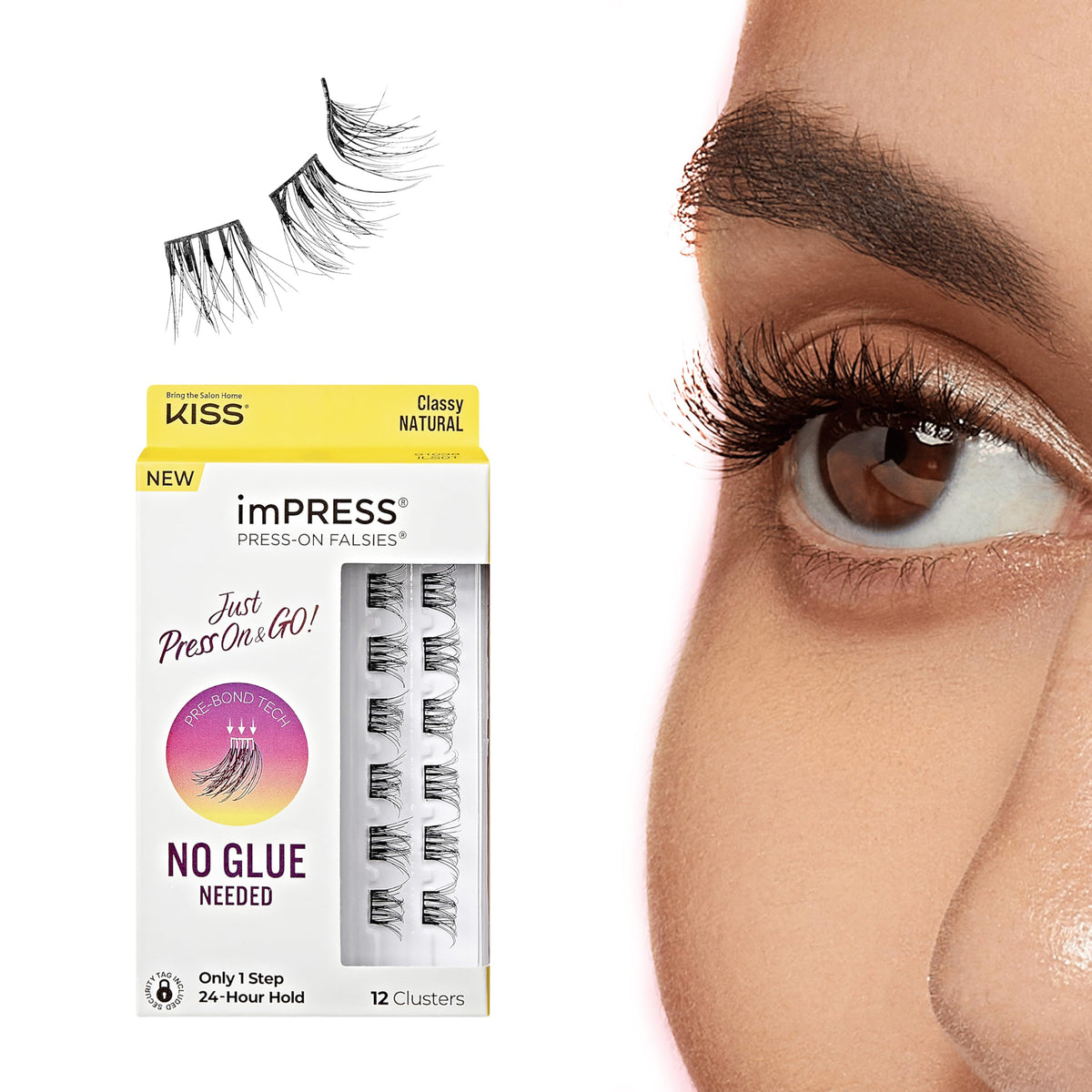 Kiss Impress Falsies Press On Self Adhesive Eyelashes, 10mm-12mm Natural Volume Press On Lashes, Black, No Glue Needed, Invisible Band, 12 Lash Clusters - Classy KISS