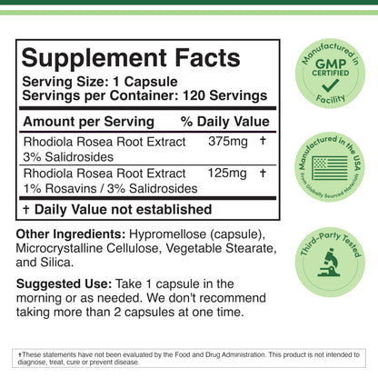 Rhodiola Rosea Supplement 500mg, 120 Vegan Capsules (Third Party Test, Gluten Free, 3% Salidrosides, 1% Rosavins Extract) for Performance, Double Wood Supplements