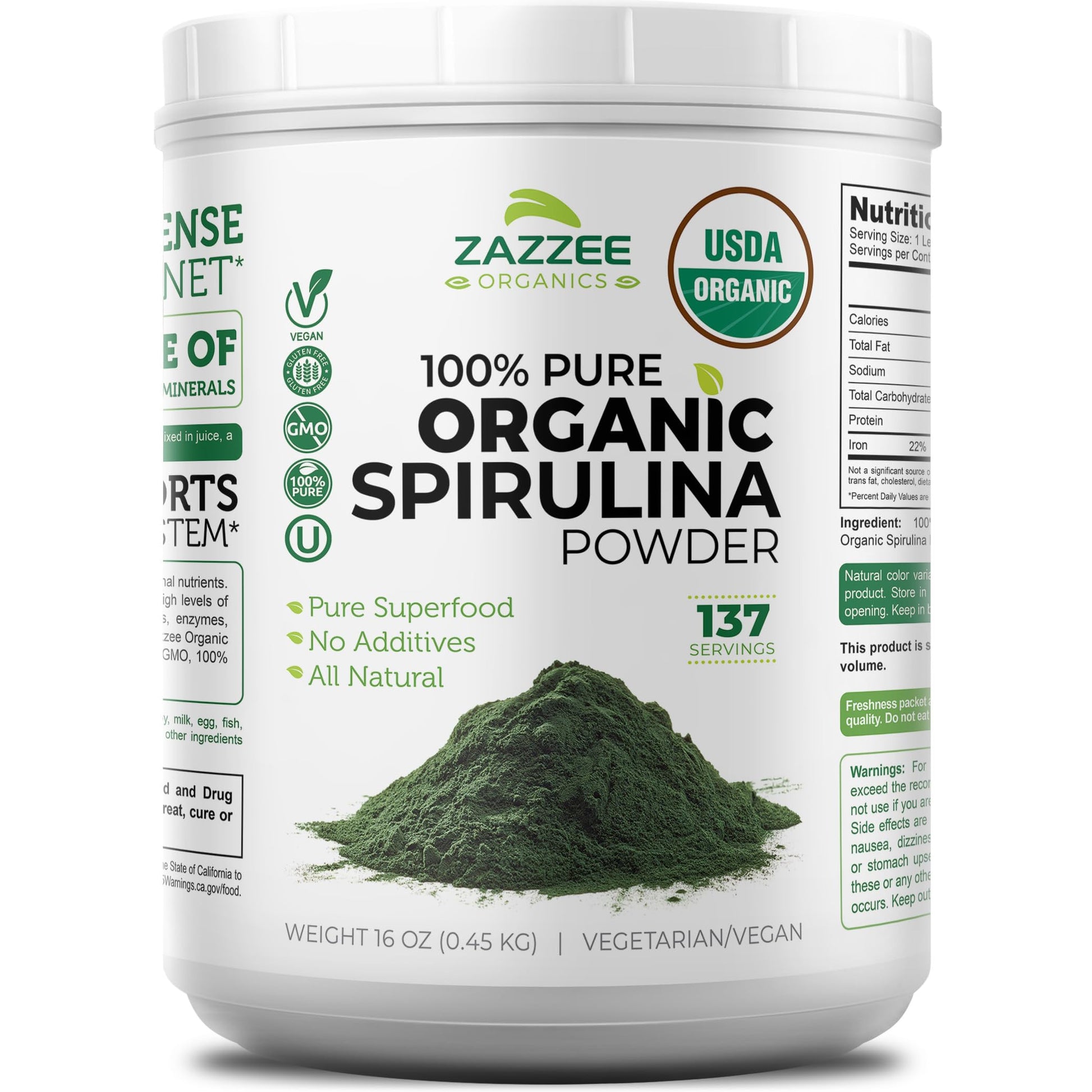 Zazzee USDA Organic Spirulina Powder, 2.2 Pounds (1 KG), 303 Servings | Certified Kosher, 100% Pure, Non-Irradiated, Mess-Free Wide Mouth Container, Fresh Smell, Neutral Taste, Non-GMO, Made in USA Gsupps Australia