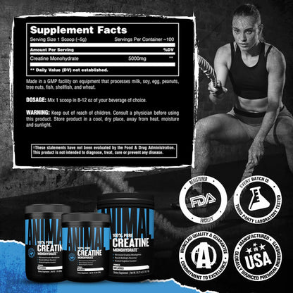 Animal Creatine Monohydrate Powder - Micronized Creatine for Women and Men, Supports Muscle Growth, Strength, Endurance, Recovery and ATP Production, Animal