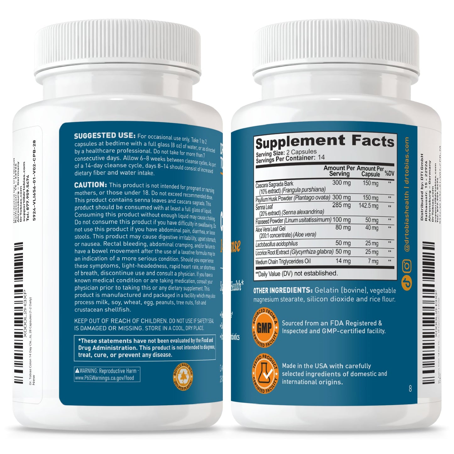 Dr. Tobias Colon Cleanse - Constipation Relief & Gut Health Support for Women & Men | 14 Day Colon Cleanser for a Gentle Colon Detox & Gut Flush - 28 Capsules (1-2 Daily)