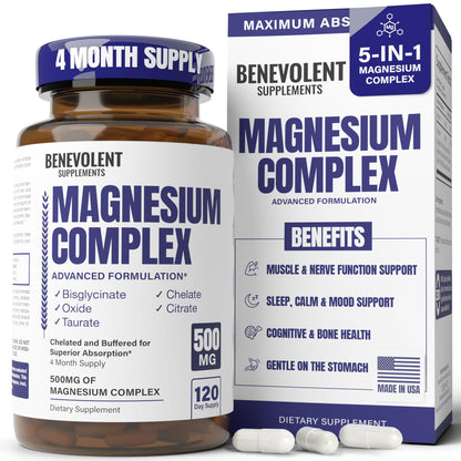 Premium Magnesium Capsules 500mg, High Absorption Formula Chelated Buffered Citrate to Support Digestion, Bone, Sleep & Muscle Health Benevolent Nourishment