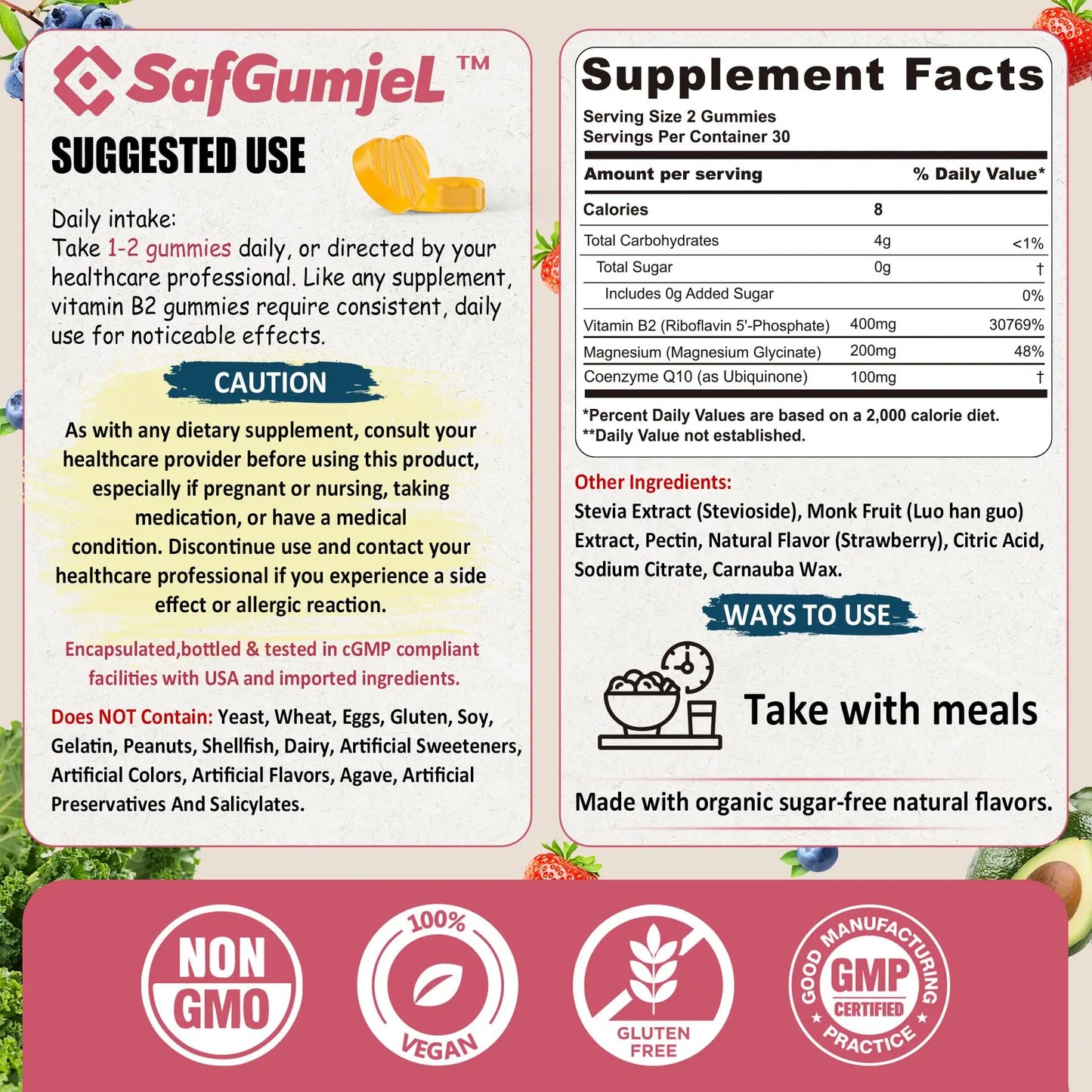 Safgumjel Vitamin B2 Gummies | Riboflavin 400mg with Magnesium & CoQ10 for Migraine Relief & Headache Relief | Sugar Free, Vegan, Strawberry Flavor, 60 Count Safgumjel