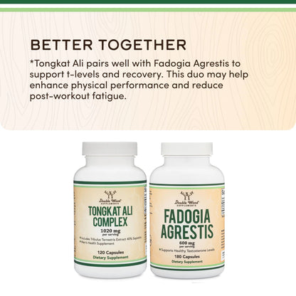 Tongkat Ali Extract - Ultra High Potency 200:1 - for Men (Longjack) Eurycoma Longifolia, 1000mg per Serving, 120 Capsules - with 20mg Tribulus Terrestris Double Wood Supplements