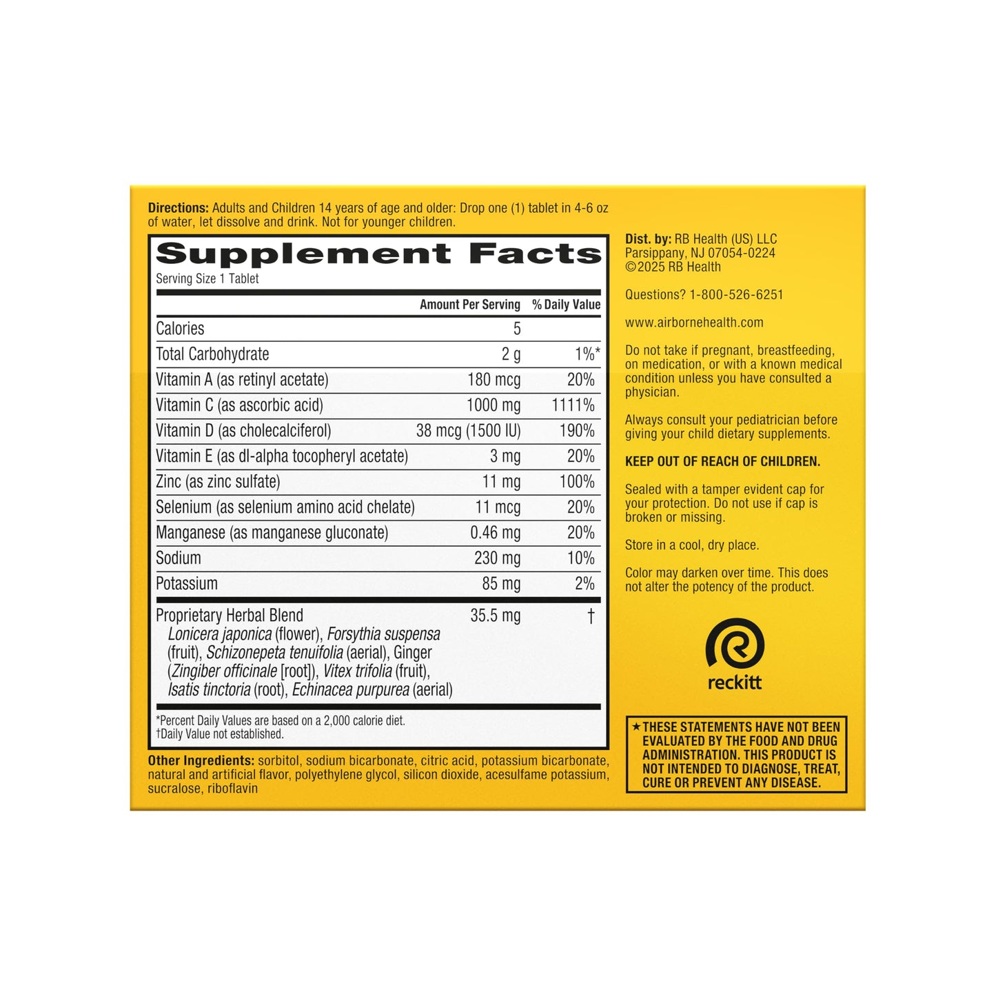 Airborne 1000mg Vitamin C with Vitamin D & Zinc, Sugar Free Multivitamin Immune Support Supplement, Antioxidants Vitamins A C & Vitamin E Airborne