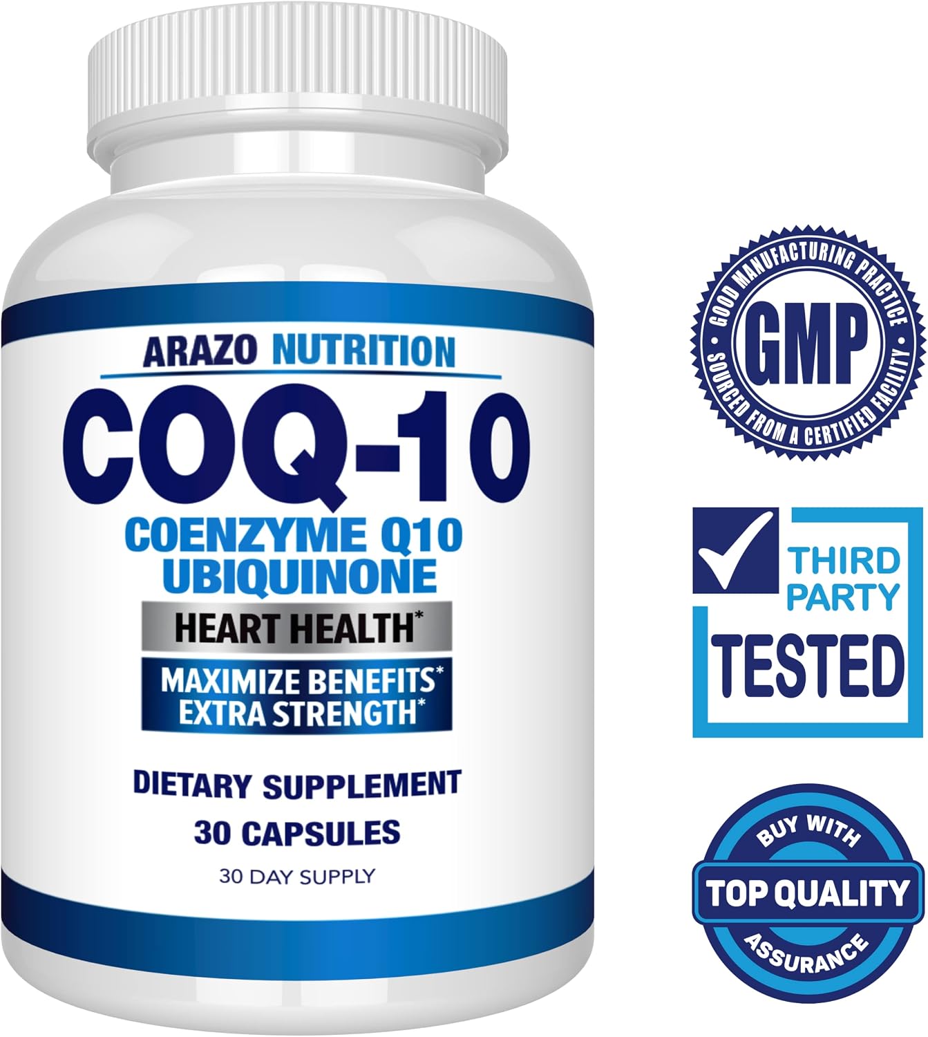 Arazo Nutrition CoQ10 Ubiquinone Coenzyme Q10-200mg Per Serving Maximum Strength Nutritional Supplement - High Absorption Capsules with No Soy Gsupps Australia