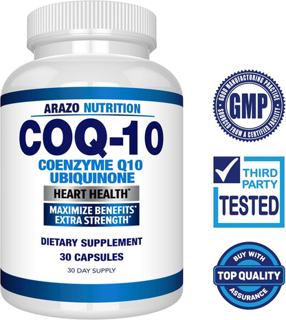 Arazo Nutrition CoQ10 Ubiquinone Coenzyme Q10-200mg Per Serving Maximum Strength Nutritional Supplement - High Absorption Capsules with No Soy Gsupps Australia