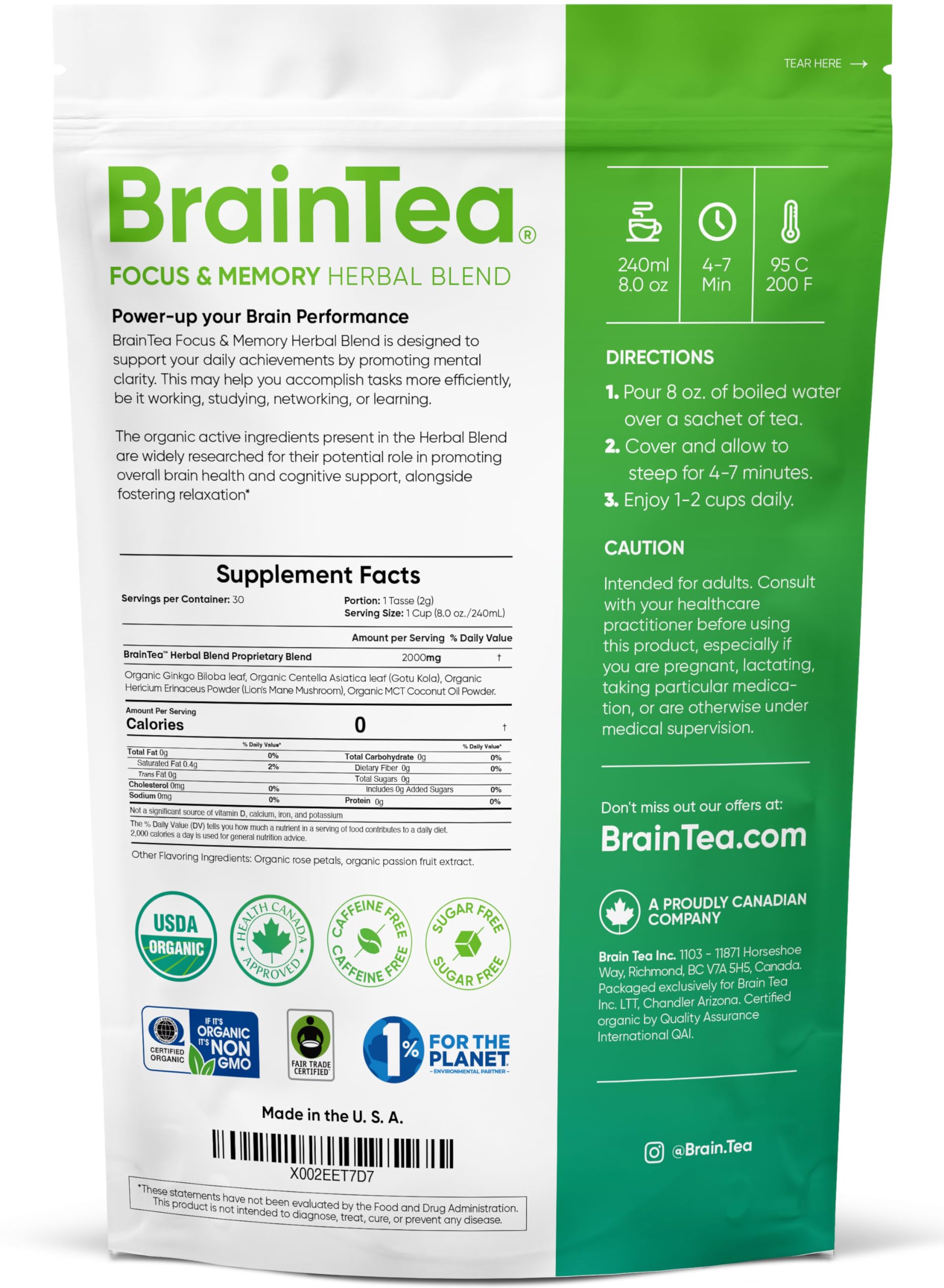 Brain Tea Focus & Memory - Brain Tea Organic Certified 4-in-1 Nootropic Herbal Supplement with Ginkgo Biloba, Gotu Kola, Lion’s Mane Mushroom, MCT Caffeine-Free for Mental Clarity (30 Sachets) Brain Tea buy australia supplements