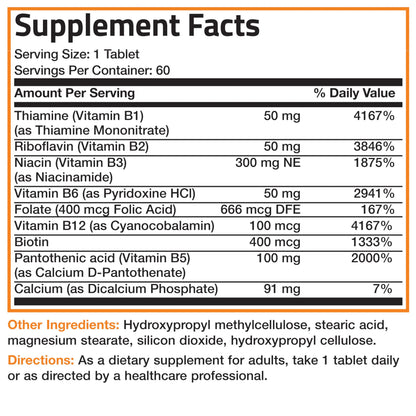 Bronson Super B Vitamin B Complex Sustained Slow Release (Vitamin B1, B2, B3, B6, B9 - Folic Acid, B12) Contains All B Vitamins 60 Tablets Bronson