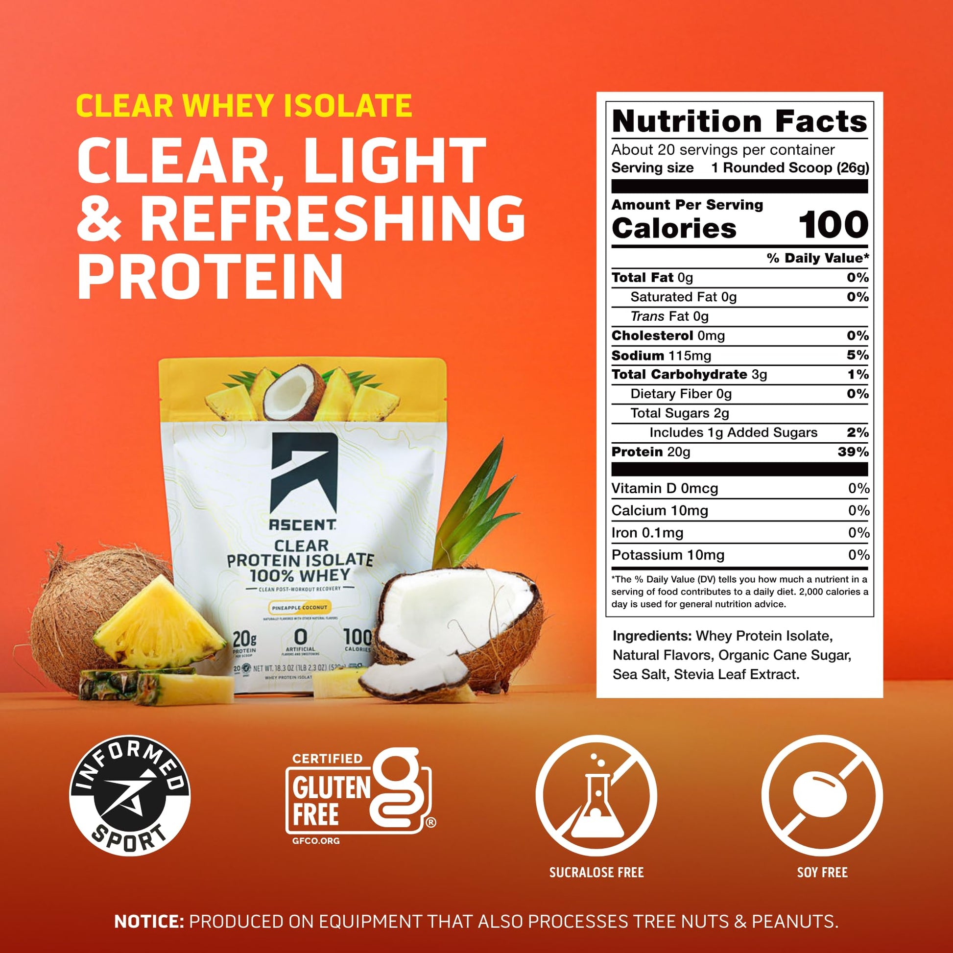 Ascent 100% Clear Whey Protein Powder - Post Workout Whey Protein Isolate, Zero Artificial Flavors & Sweeteners, Gluten Free, 5.5g BCAA, 2.1g Leucine, Essential Amino Acids, Pineapple Coconut, 20 Serv Ascent buy australia supplements