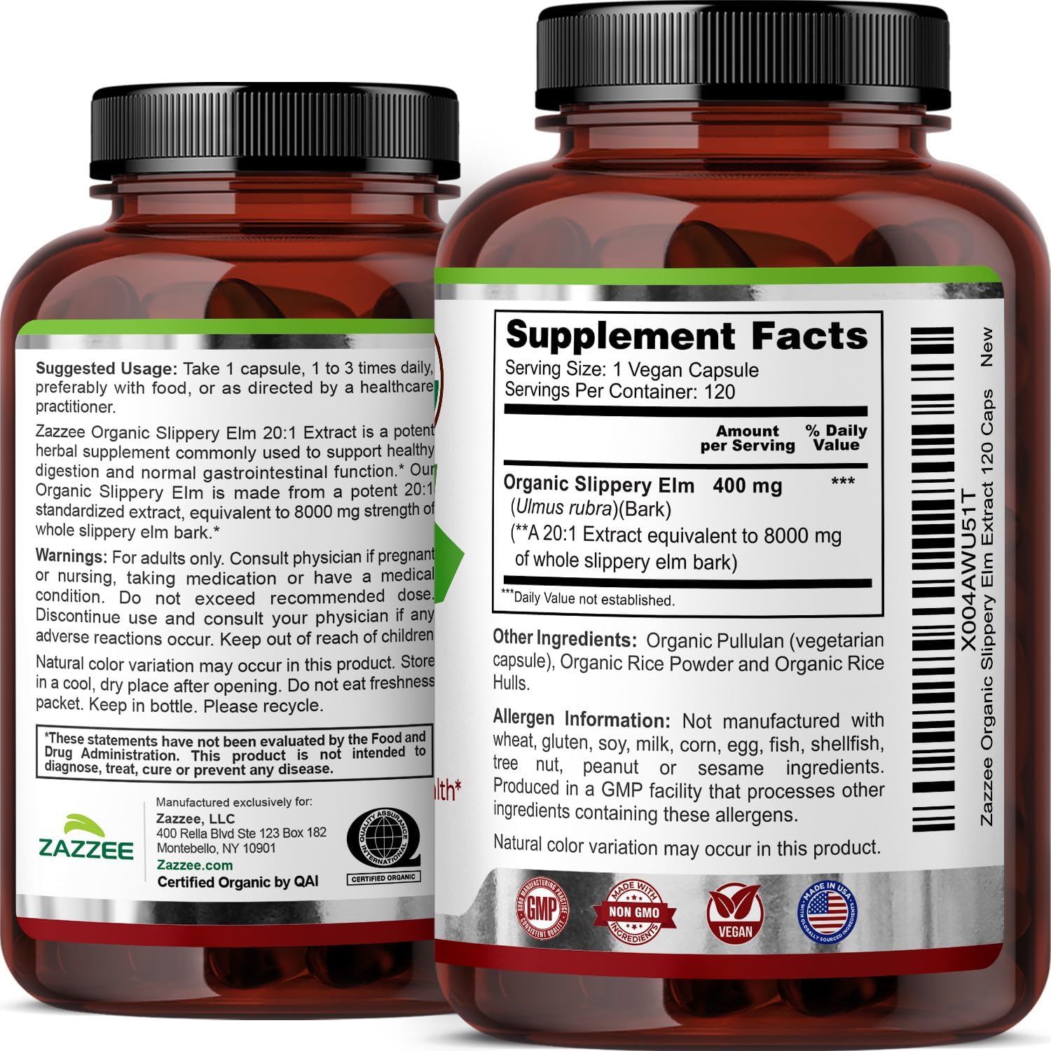 Zazzee USDA Organic Slippery Elm Bark 20:1 Extract, 120 Vegan Capsules | 4 Month Supply, Digestive, Throat & Mucosal Support, Ulmus Rubra, Herbal Supplement, All-Natural, Non-GMO, Made in the USA Gsupps Australia