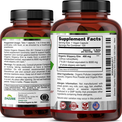 Zazzee USDA Organic Slippery Elm Bark 20:1 Extract, 120 Vegan Capsules | 4 Month Supply, Digestive, Throat & Mucosal Support, Ulmus Rubra, Herbal Supplement, All-Natural, Non-GMO, Made in the USA Gsupps Australia
