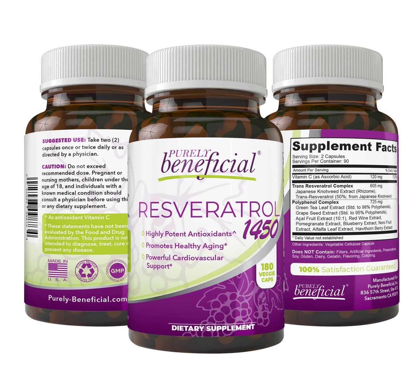 PURELY beneficial RESVERATROL1450-90day Supply, 1450mg per Serving of Potent Antioxidants & Trans-Resveratrol, Promotes Anti-Aging PURELY beneficial