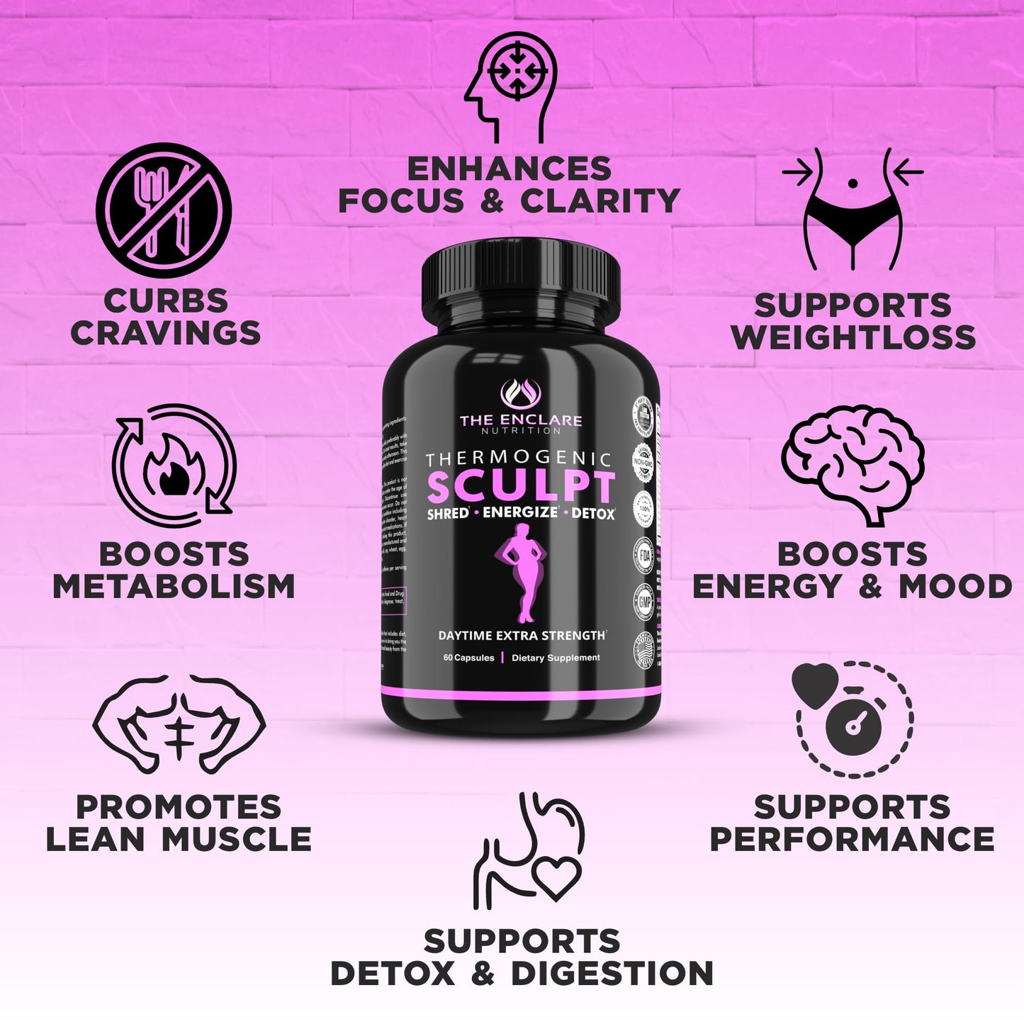 Thermogenic  Appetite Suppressant,  Supplement for Women & Men, Metabolism, Energy, Focus, Brain, Caffeine Pills with Chromium, Green Tea Extract, L Theanine, Sculpt 60 Capsules THE ENCLARE NUTRITION