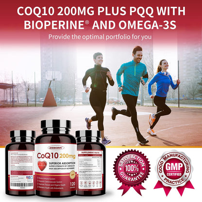 ZEBORA CoQ10-200mg-Softgels with PQQ, BioPerine & Omega-3, 120 Servings Coenzyme Q10(Ubiquinone) Supplement for High-Absorption, Powerful-Antioxidant ZEBORA
