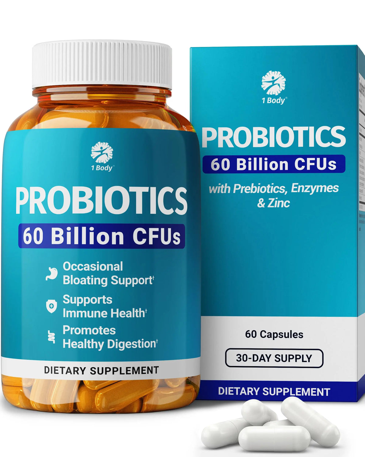 1 Body Probiotic 60 Billion for Men & Women, Gut Health Support with Prebiotics, Digestive Enzymes, Zinc & L-Glutamine, Non-GMO, 60 Vegan Capsules 1 Body