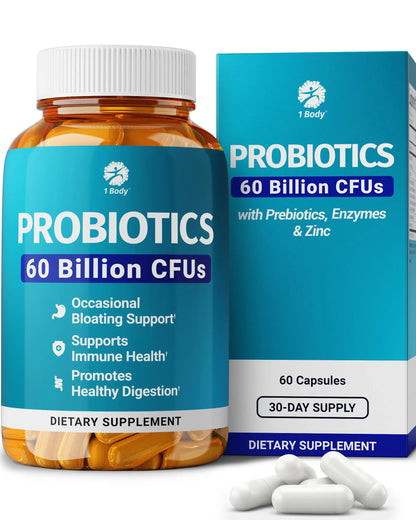 1 Body Probiotic 60 Billion for Men & Women, Gut Health Support with Prebiotics, Digestive Enzymes, Zinc & L-Glutamine, Non-GMO, 60 Vegan Capsules 1 Body
