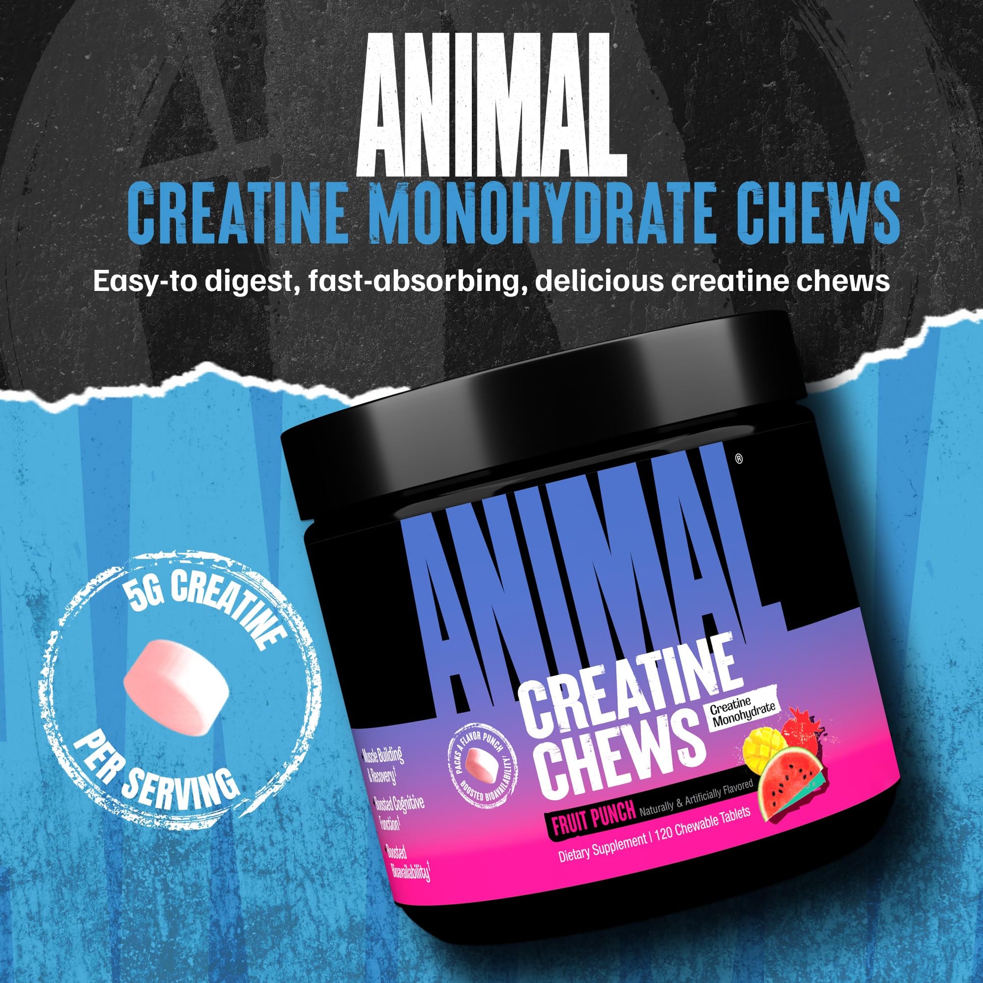 Animal Creatine Chews Tablets - Enhanced Creatine Monohydrate with AstraGin to Improve Absorption, Sea Salt for Added Pumps, Delicious and Convenient Chewable Tablets - Fruit Punch Animal buy australia supplements