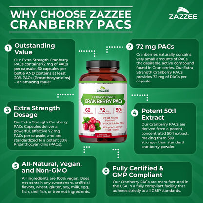 Zazzee Cranberry PACs 72 mg per Capsule, 50:1 Extract, 120 Vegan Capsules, 2X Strength, 4 Month Supply, Fast-Acting, Effective Urinary Tract & Bladder Support, 100% Soluble PACs, Made in the USA Gsupps Australia
