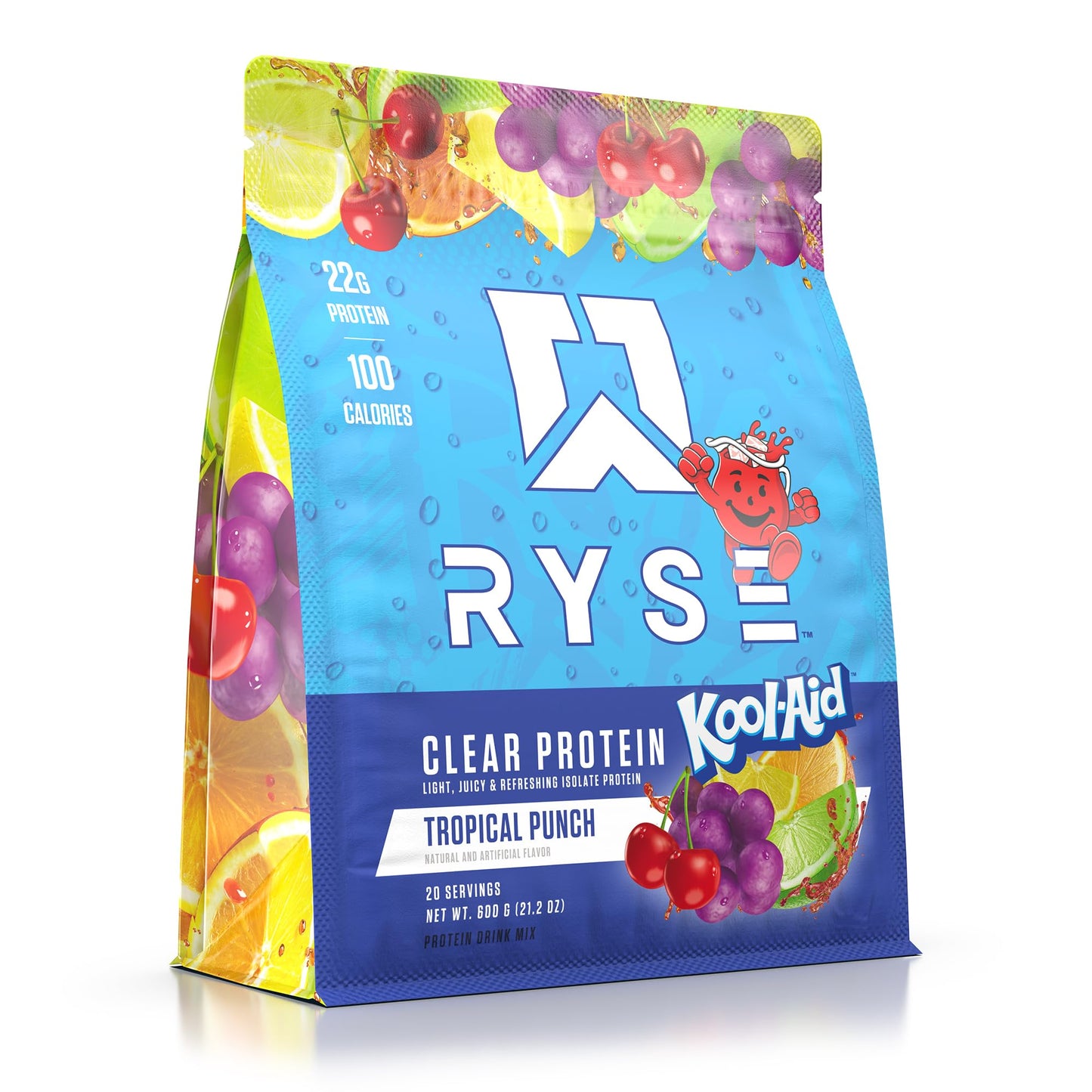 Ryse Clear Whey Isolate Protein Powder - Kool-Aid Tropical Punch - 22g Fast-Digesting Whey Protein - Light, Juicy & Refreshing - 100 Calories, Zero Sugar, Zero Artificial Colors - 20 Servings Bag