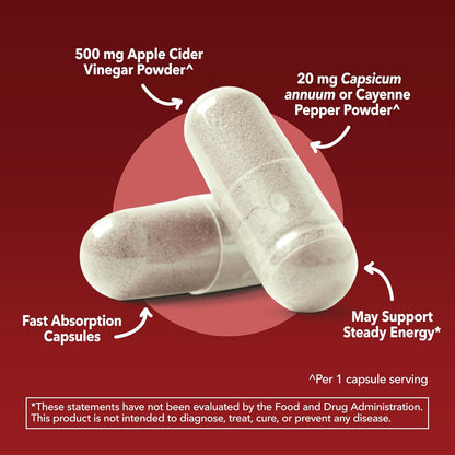 Apple Cider Vinegar Capsules with Cayenne Pepper, 60 Count, 2-Month Supply | 500mg ACV Per Serving for Appetite, Cravings, and Bloating Relief, Vegan, Non-GMO, Easy-to-Take Capsules, 60-Day Supply Gsupps Australia
