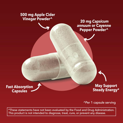 Apple Cider Vinegar Capsules with Cayenne Pepper, 60 Count, 2-Month Supply | 500mg ACV Per Serving for Appetite, Cravings, and Bloating Relief, Vegan, Non-GMO, Easy-to-Take Capsules, 60-Day Supply Gsupps Australia