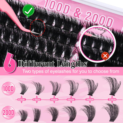 Lash Clusters 100D+200D Mega Thick Lashes Clusters 12-22mm Wispy Individual Thick Volume Lashes Cluster Eyelash Extensions 280Pcs DIY Lash Extension at Home, by Hushlibaby(Plant Fiber) Hushlibaby