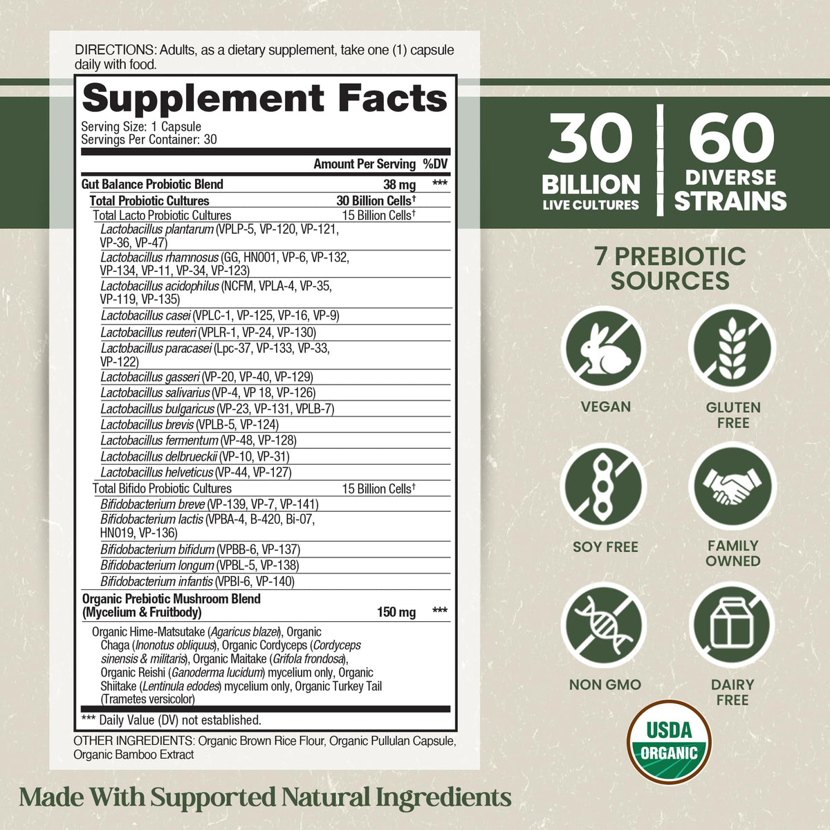 Vital Planet - Organic Flora Probiotics for Gut Health Balance, Shelf Stable Probiotic 30 Billion CFU, 60 Diverse Strains, Prebiotic Organic Mushroom Blend Vital Planet
