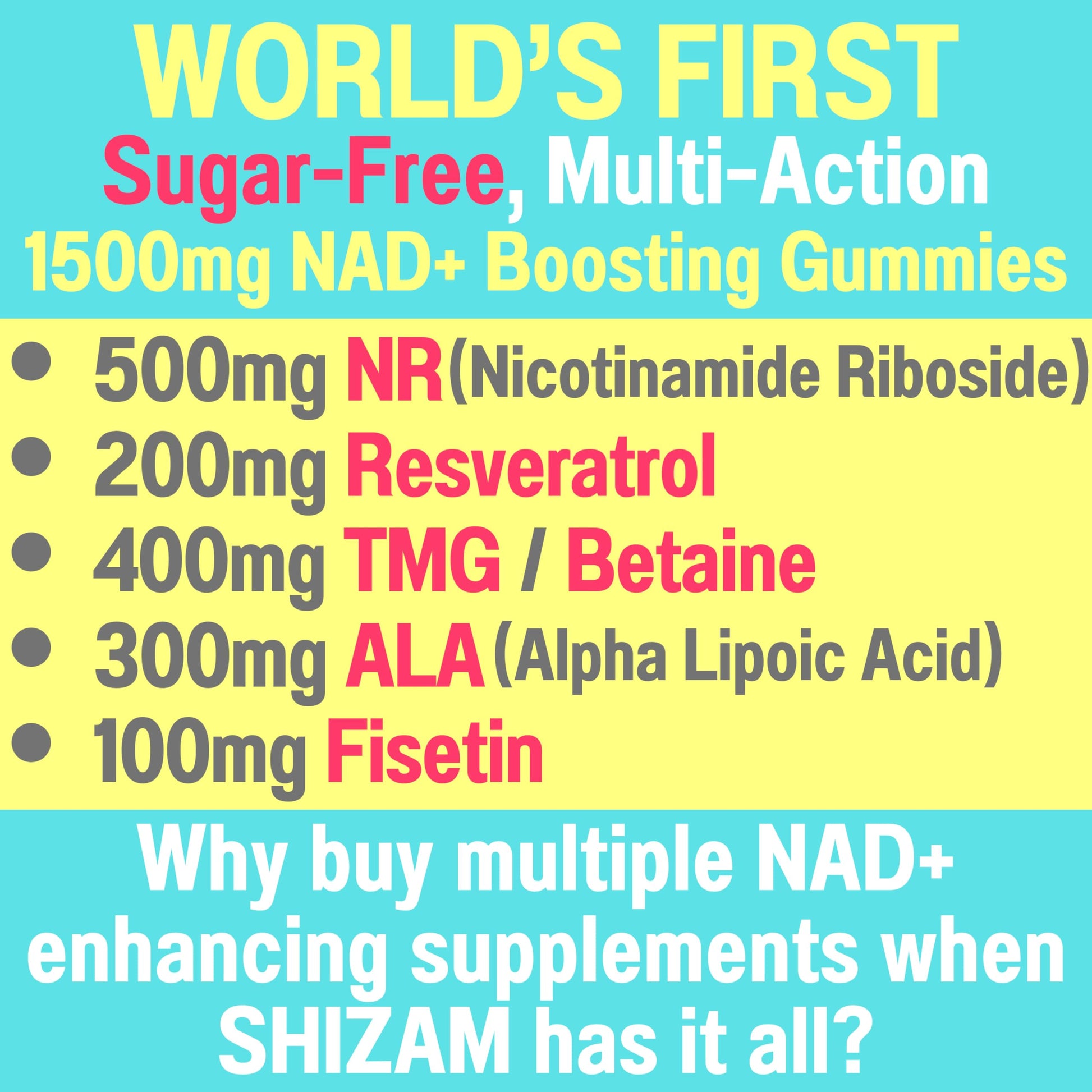 1500mg NAD+ Sugar Free Gummies | NAD + Plus NR TMG ALA Trans-Resveratrol Fisetin Supplements | Nicotinamide Riboside Trimethylglycine Alpha Lipoic Acid Betaine Pills Capsules Tincture Supplement Alt SHIZAM buy australia supplements