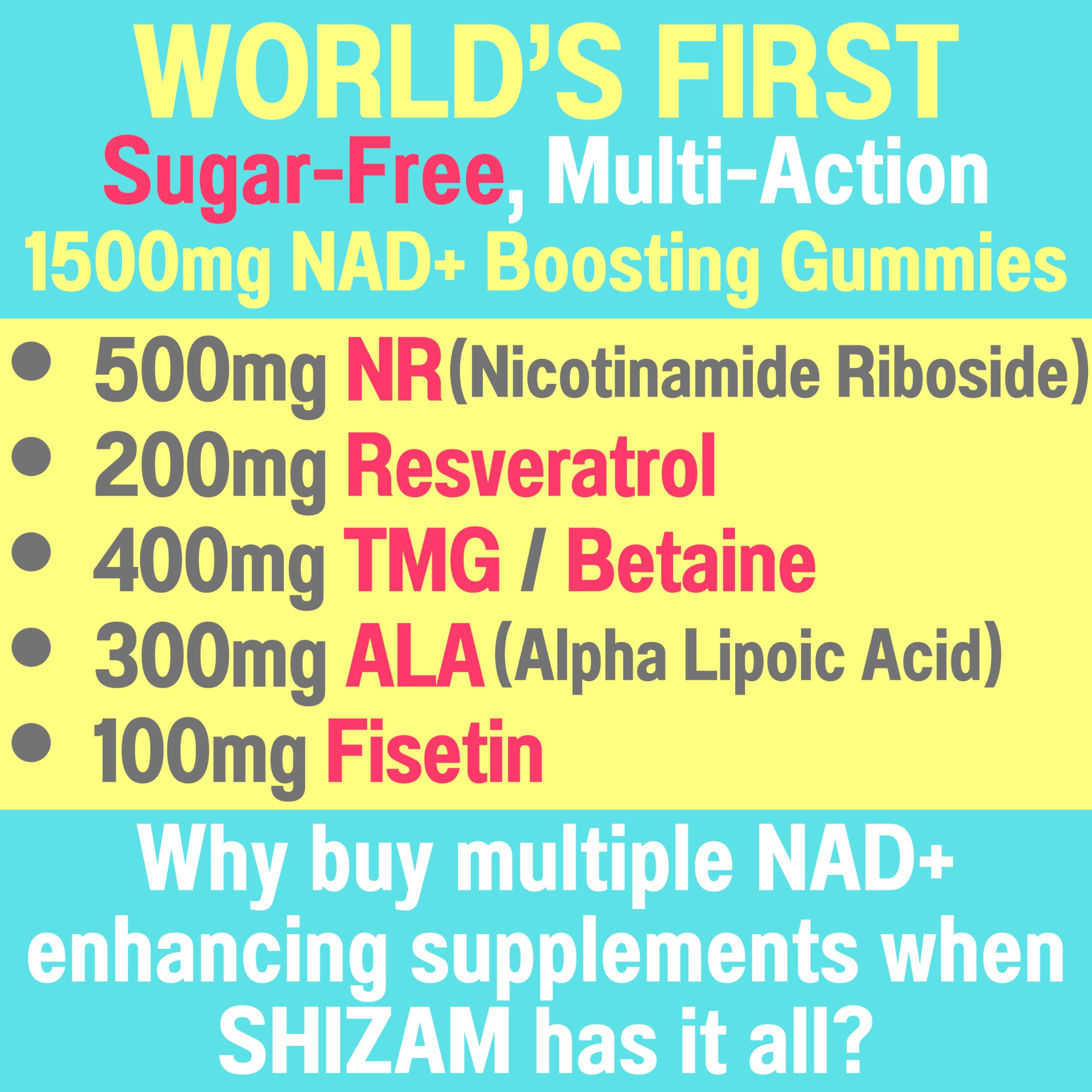1500mg NAD+ Sugar Free Gummies | NAD + Plus NR TMG ALA Trans-Resveratrol Fisetin Supplements | Nicotinamide Riboside Trimethylglycine Alpha Lipoic Acid Betaine Pills Capsules Tincture Supplement Alt SHIZAM buy australia supplements