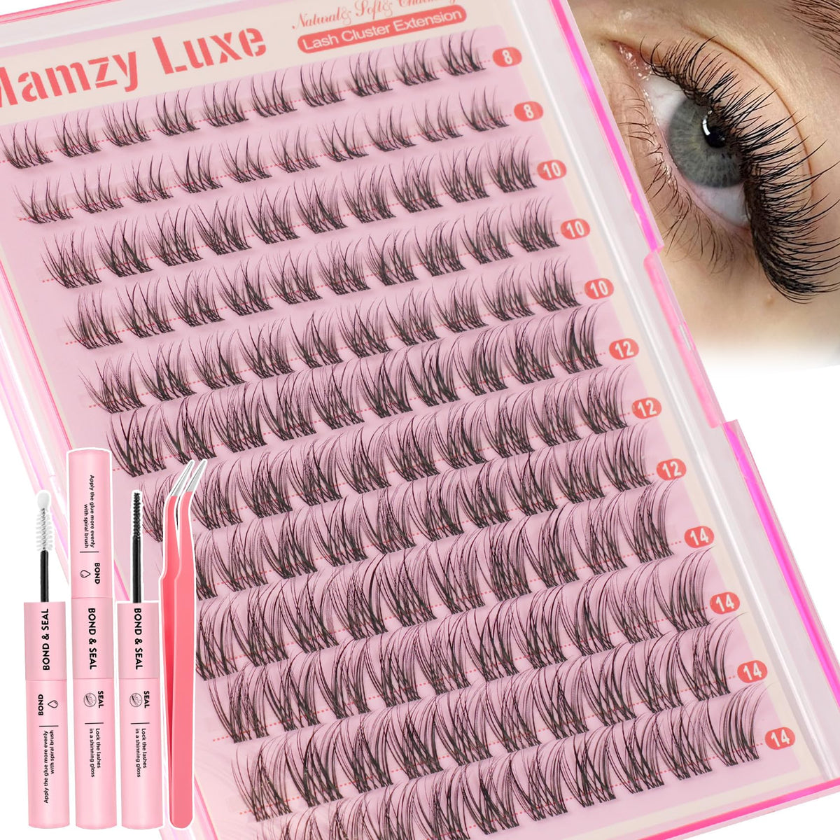 Natural Lash Clusters Kit Short Wispy Eyelash Clusters 8-14MM Clear Band Cluster Lashes Extensions Kit 120Pcs CC-Curly Daily Exquisite Eyelashes Clusters with Bond and Seal and Tweezers Mamzy Luxe