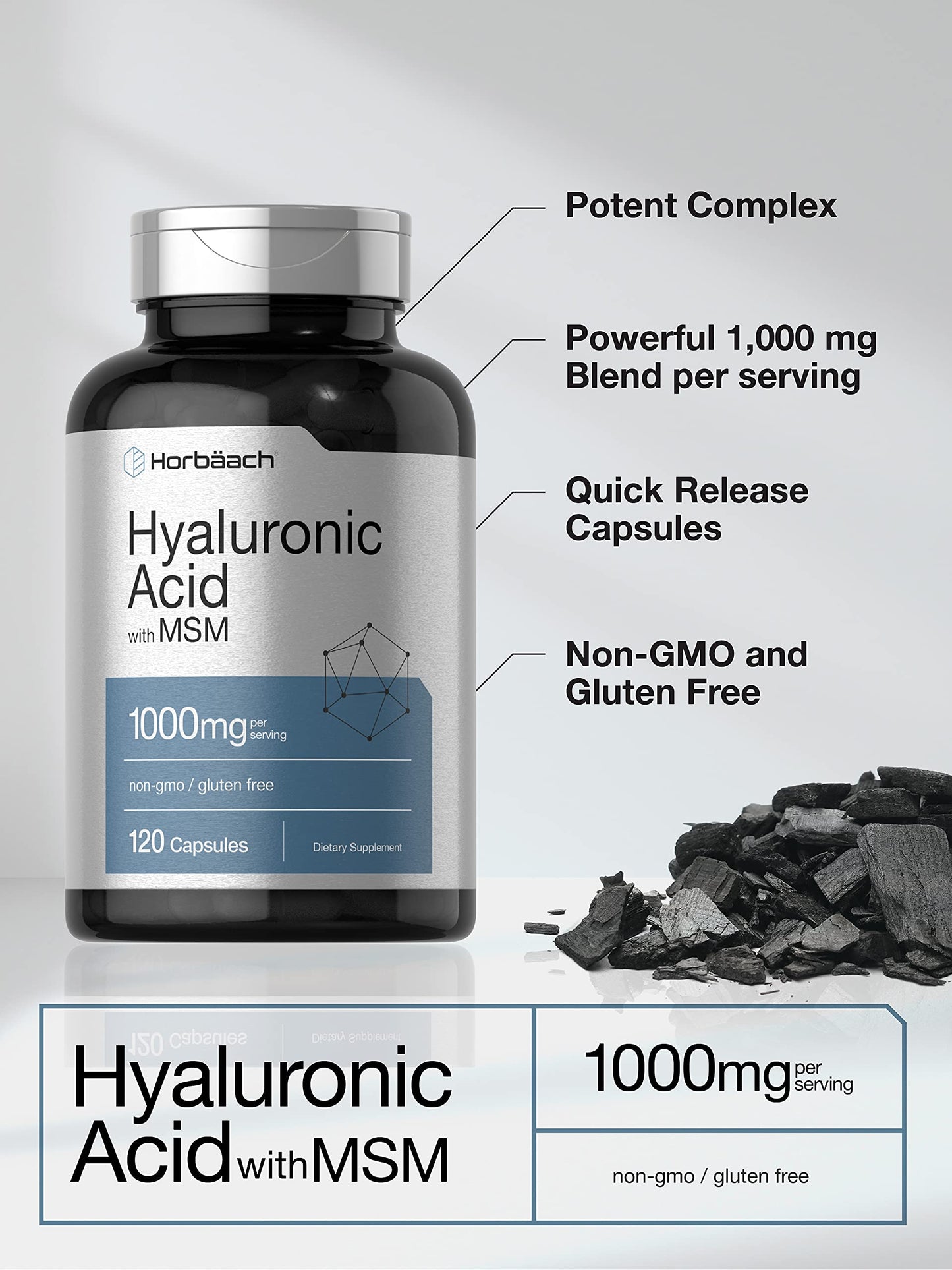 Horbäach Hyaluronic Acid with MSM | 1000 mg | 120 Capsules | Non-GMO and Gluten Free Supplement | Bioavailable Formula Horbäach