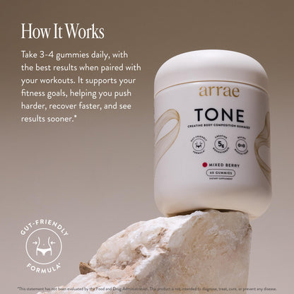 Arrae Tone Gummies – Creatine Monohydrate 5g for Women – Support Lean Muscle, Strength & Recovery – Hormone-Friendly Muscle Toning Supplement – Mixed Berry Flavor – 90 Count