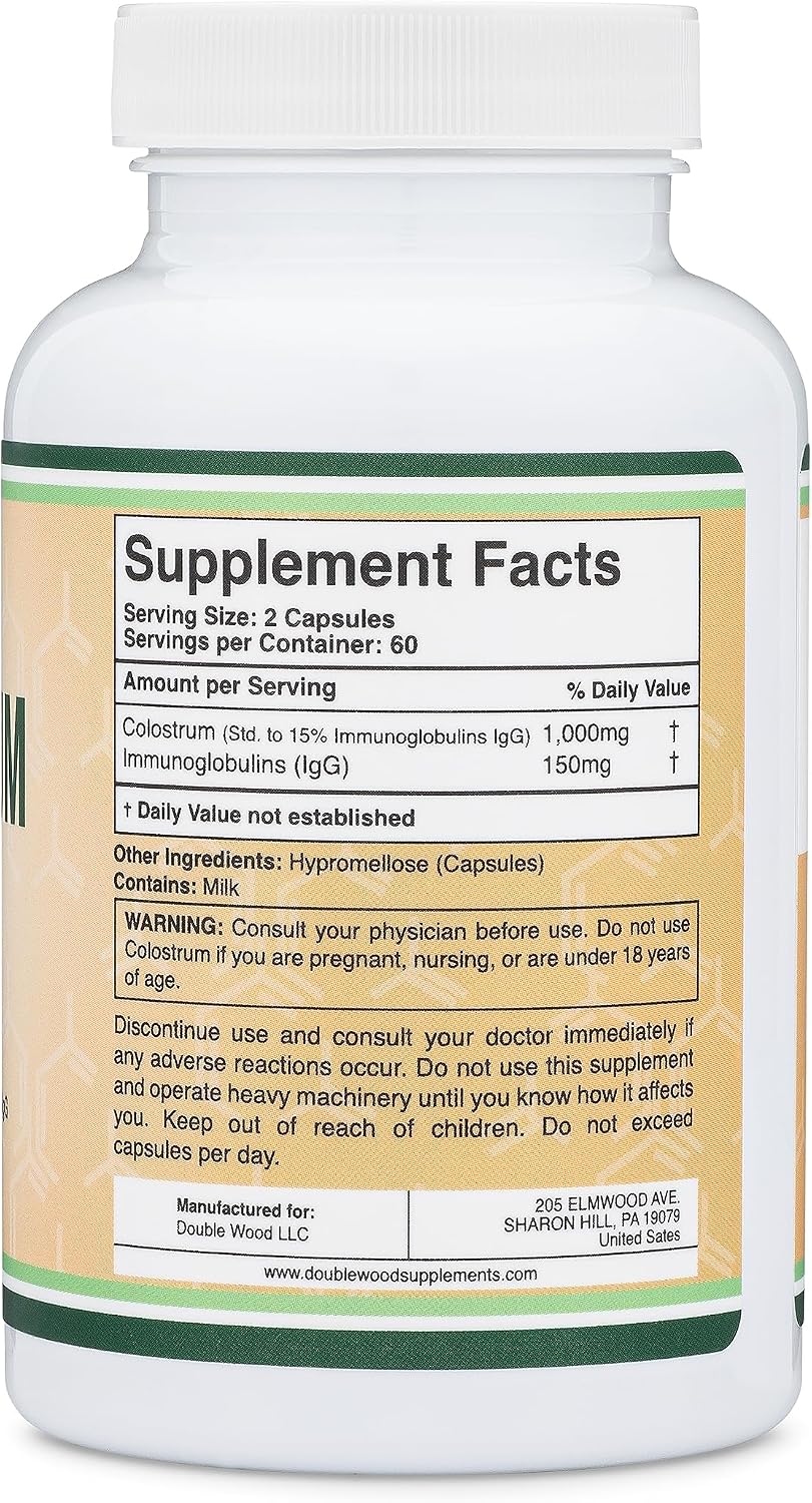 Colostrum Supplement 120 Capsules, 1,000mg per Serving (Bovine Colostrum Powder from First Milking Only, Std. to Contain 15% IgG Immunoglobulins) No Fillers, Third Party Tested by Double Wood